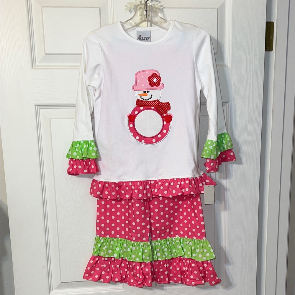 Delaney Girls Snowman Polka Dot Pant Set. Great for Monogramming! NWT